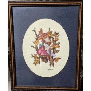 Vintage Hummel Finished Cross Stitch Professionally Framed Art Girl in a Tree